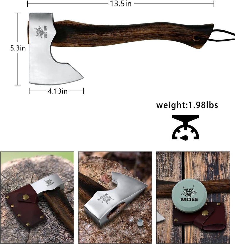 WICING 13.5 Inch Hatchet, Camping Axe 1055 Carbon Steel and Beech Handle, Survival Hatchet with Leather Sheath for Wood Splitting and Kindling - Image 2